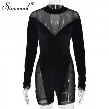 Simenual Mesh Velour Sexy Rompers See Through Long Sleeve Women Bodycon Skinny Night Clubwear Party Palysuits Black Hollow Out